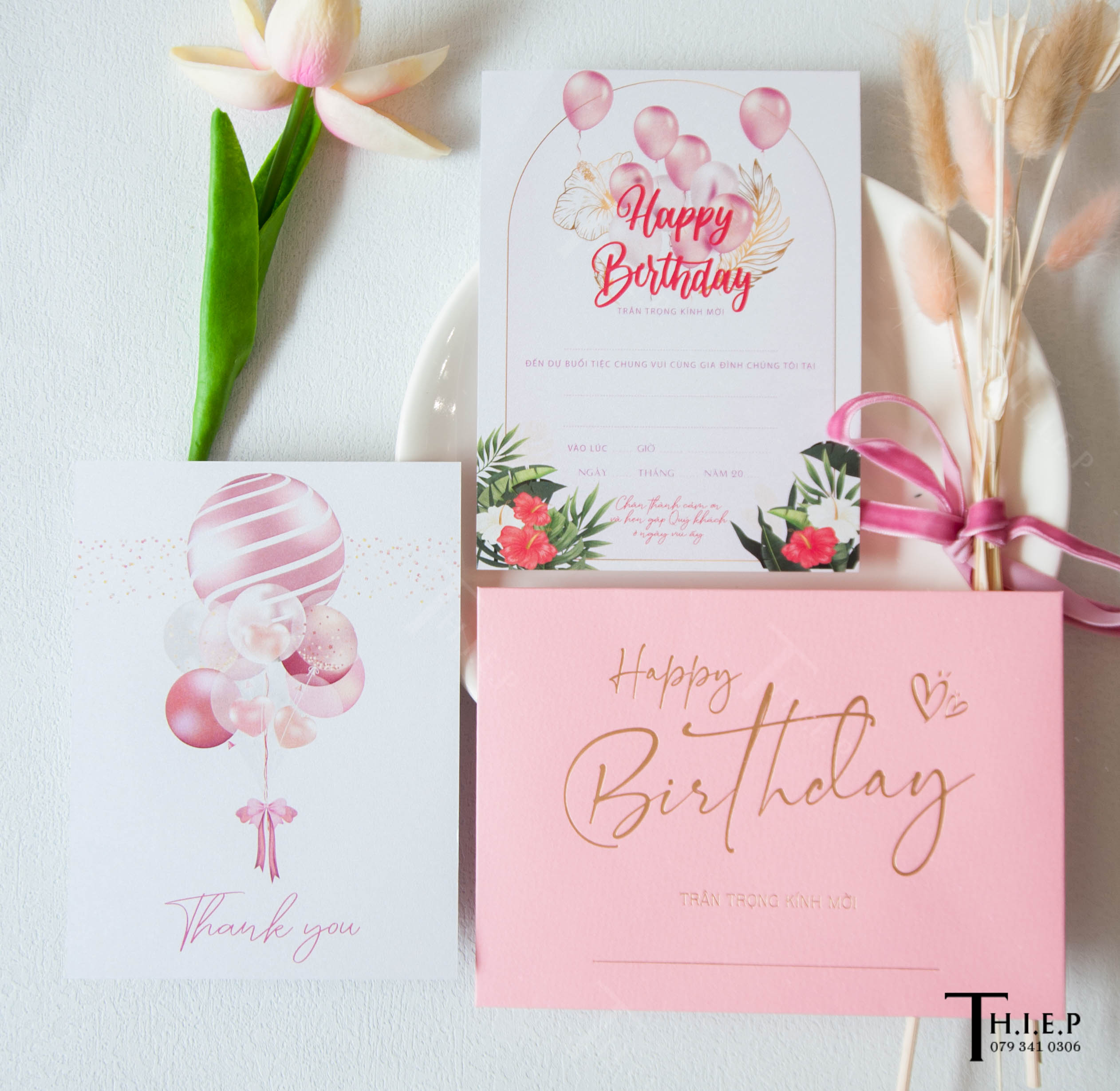 Combo 5 bộ - thiệp sinh nhật sang trọng - giấy mỹ thuật - in ánh kim