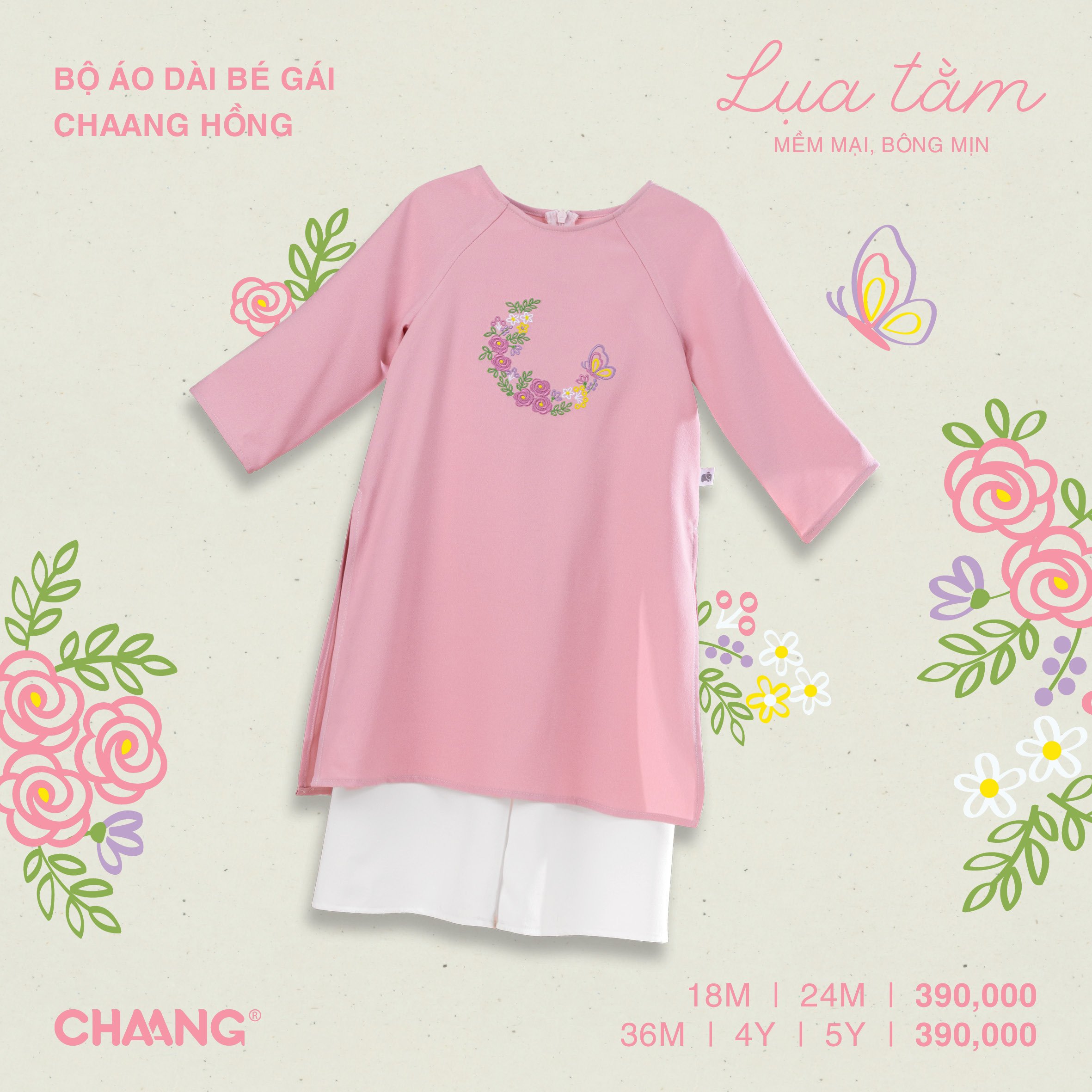 [CHAANG] Bộ áo dài bé gái Chaang hồng