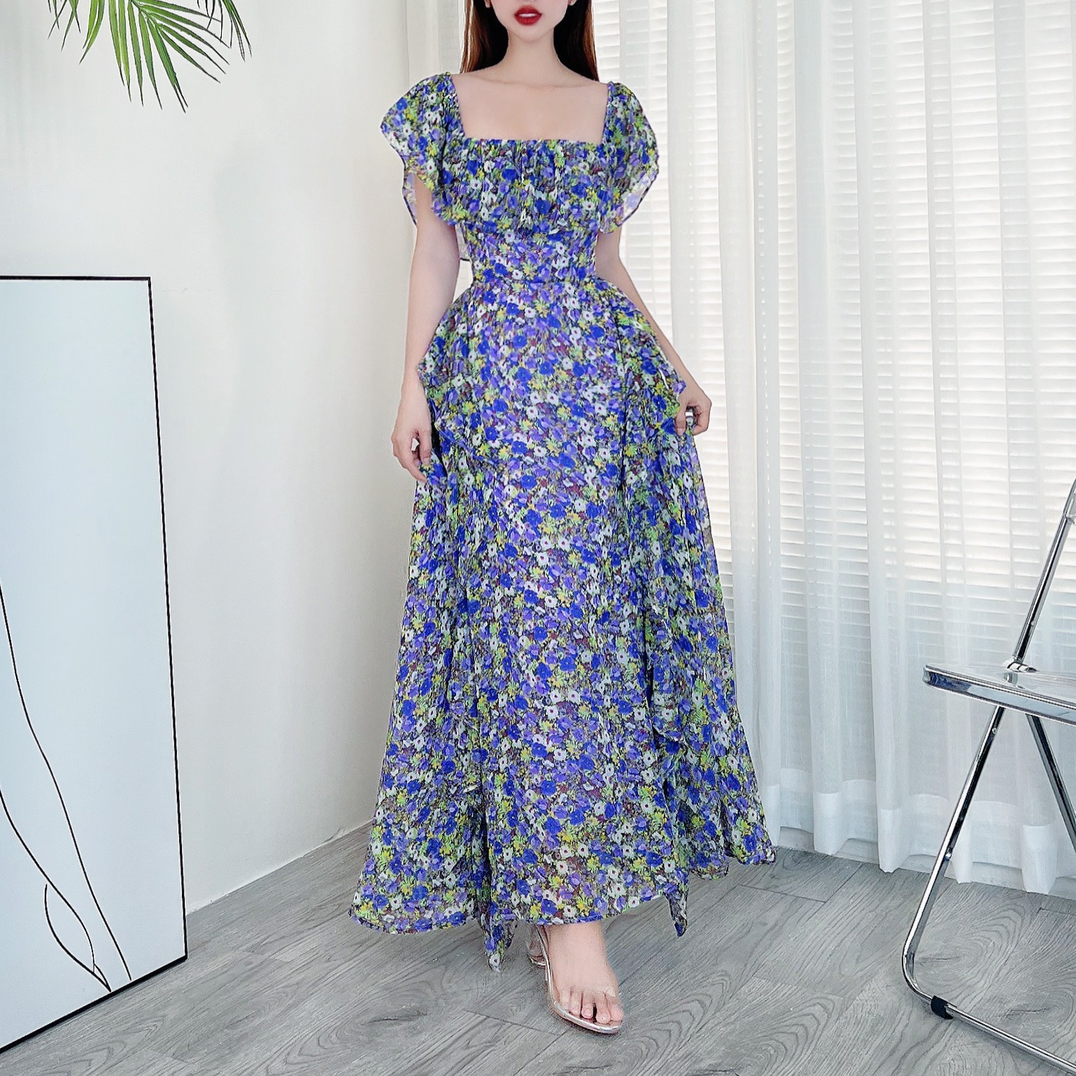 Đầm maxi nữ hoa bèo dọc đuôi cá có thắt eo MIMIX CE5265