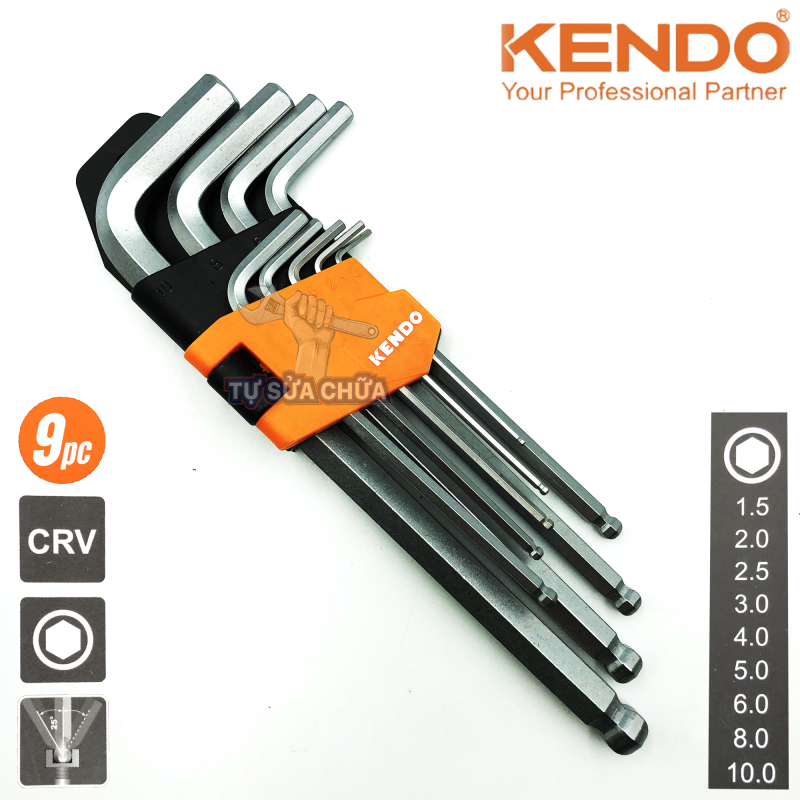 Bộ lục giác đầu bi dài thép cao cấp 9 chi tiết từ 1.5-10mm Kendo 20736, sản xuất từ hợp kim thép cao cấp mạ Cr-V