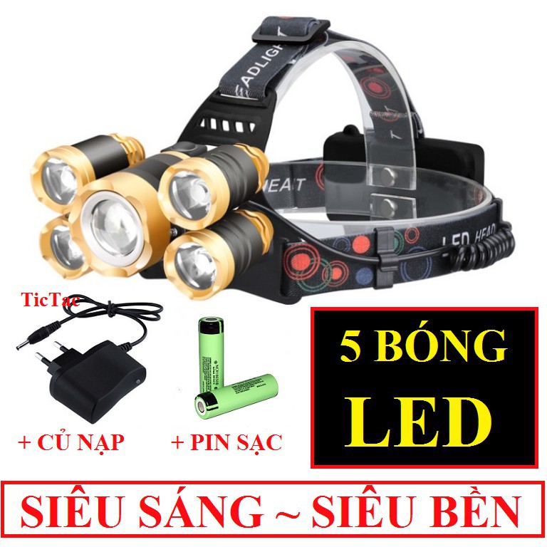 Đèn bin siêu sáng - Đèn pin đội đầu 5 bóng LED T6 gồm 3 chế độ sáng + Tặng kèm 2 pin sạc và sạc
