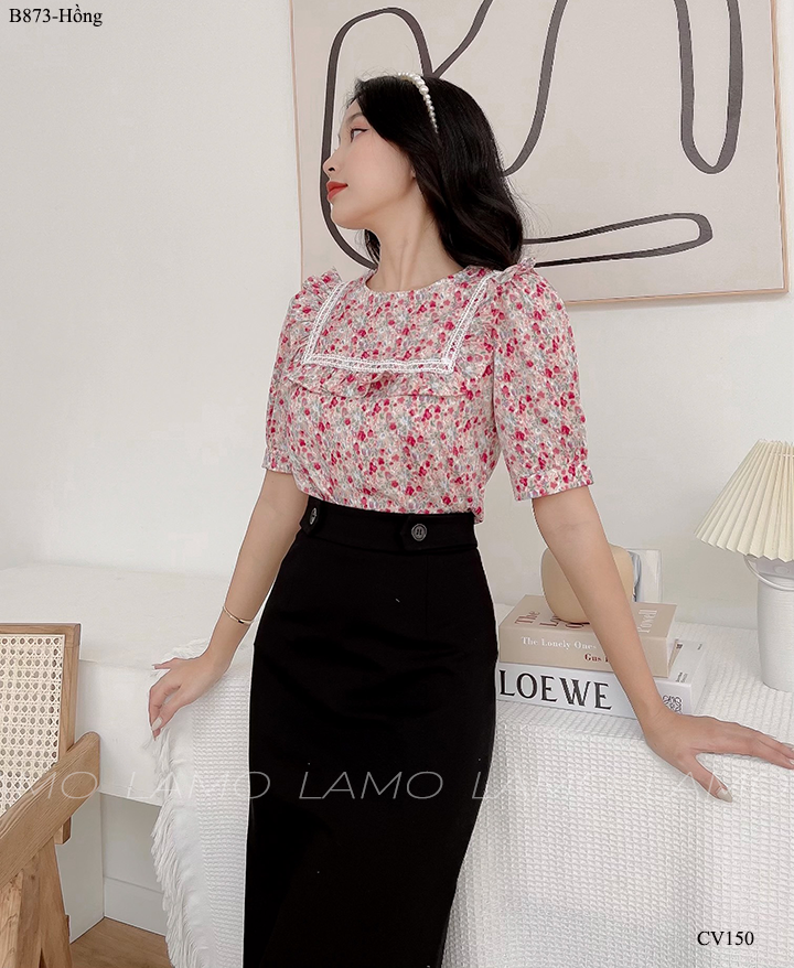 ÁO SƠ  MI HOA CỔ TRÒN VIỀN REN -B873
