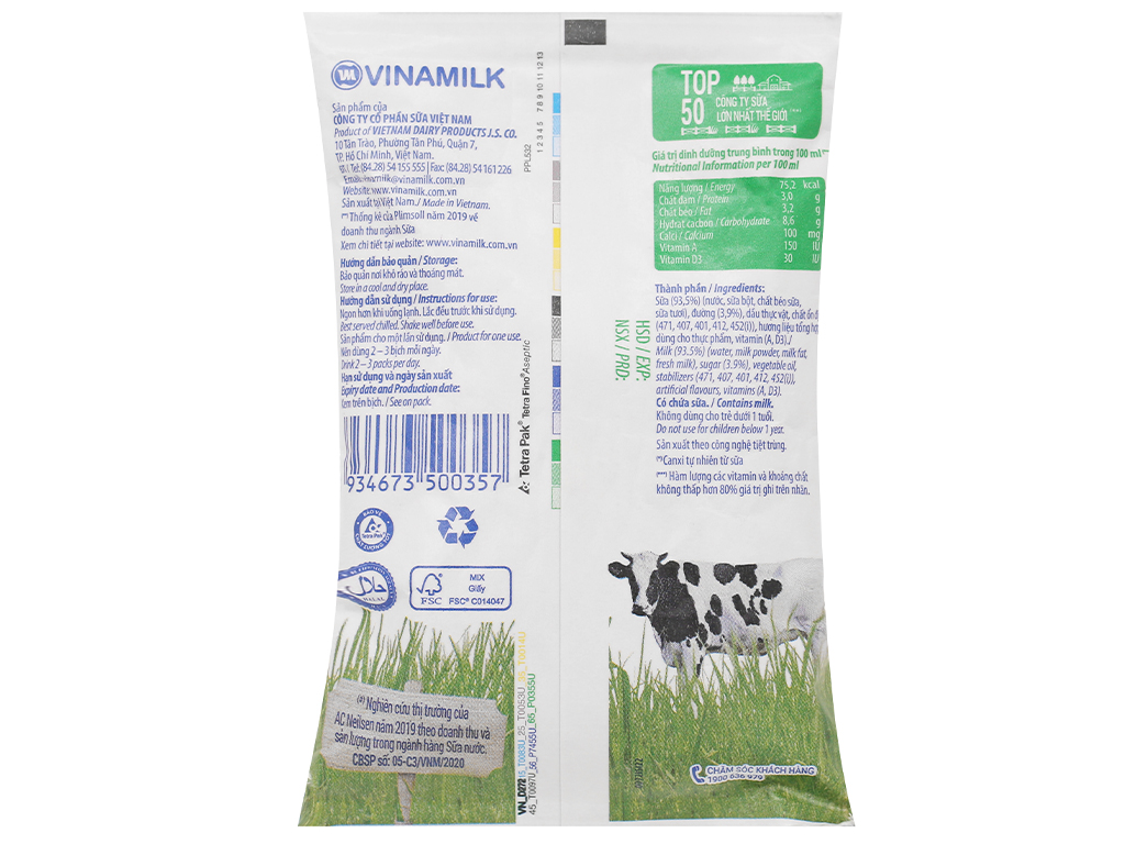 Combo 4 bịch Sữa dinh dưỡng có đường Vinamilk A&D3  220ml