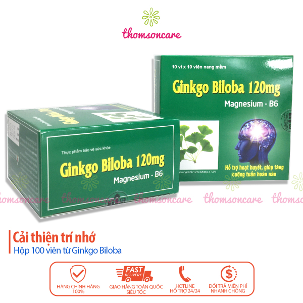 Ginkgo Biloba 120mg  Hộp 100 viên - cải thiện trí nhớ, giảm mất ngủ, hoạt huyết dưỡng não, có thêm Magie B6 cao cấp