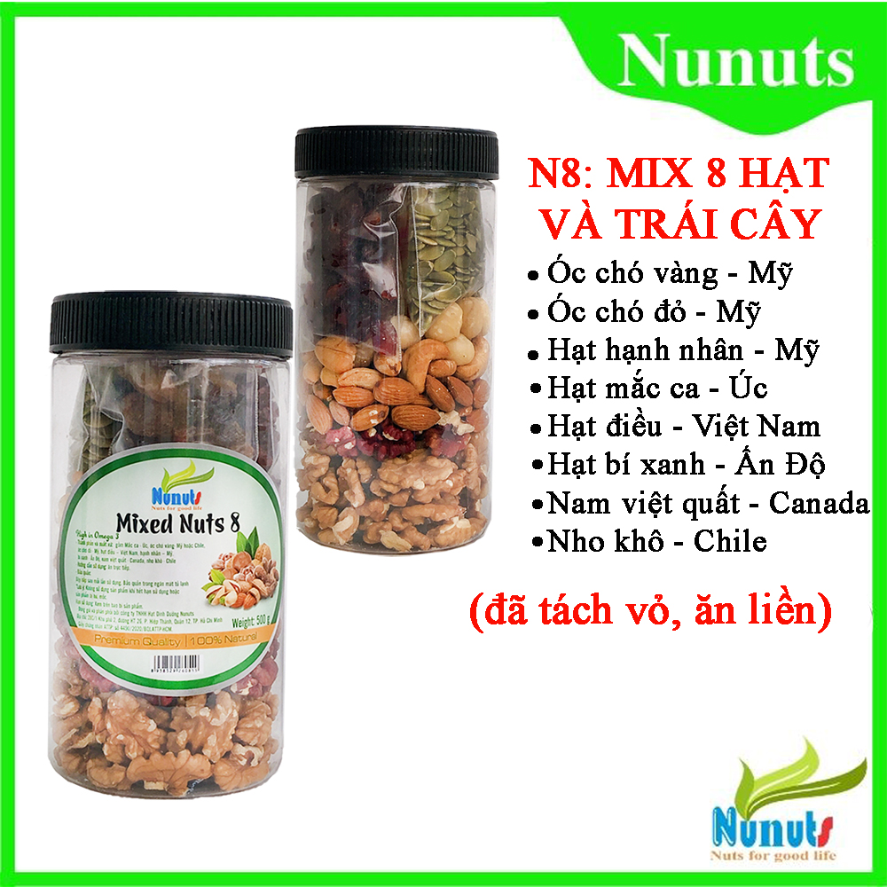 Mixed nuts 8 loại hạt và trái cây (hạt mắc ca, hạt óc chó đỏ, hạt óc chó vàng, hạt hạnh nhân, hạt bí xanh, hạt điều, nho khô, nam việt quất). Đã tách vỏ, ăn liền