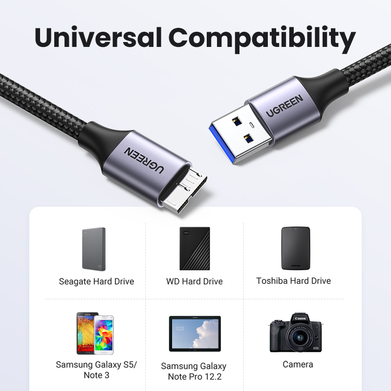 UGREEN Micro USB 3.0 Cable, USB 3.0 A to Micro B Cord Nylon Braided External Hard Drive Cable for Samsung Galaxy S5, Note 3/Pro 12.2, Western Digital, Toshiba, My Passport