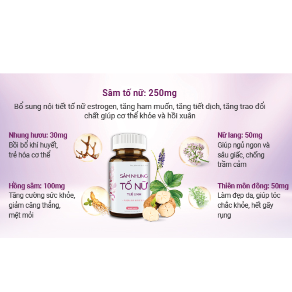 Sâm nhung tố nữ Tuệ Linh- Bổ sung nội tiết tố, cải thiện sinh lý nữ, đẹp da - Lọ 30 viên