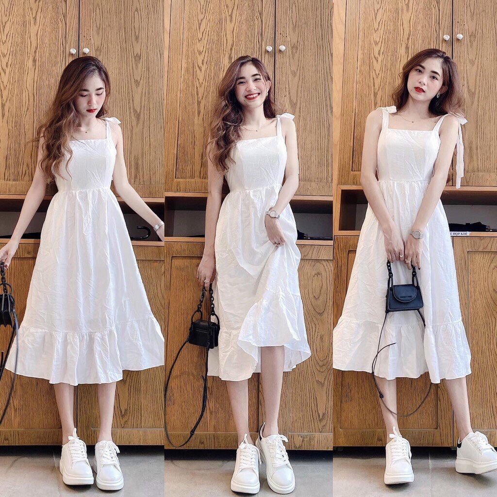 Váy cánh tiên nhiều tầng 2 lớp có đệm ngực, đầm maxi màu trắng