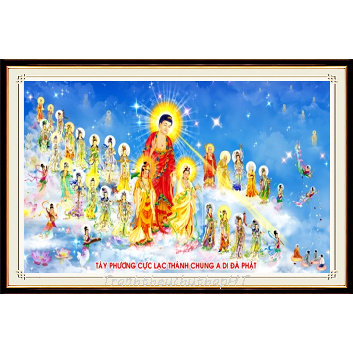 [HCM]Tranh thêu chữ thập Tây Phương Cực Lạc Thánh Chúng 113*63cm - tự thêu