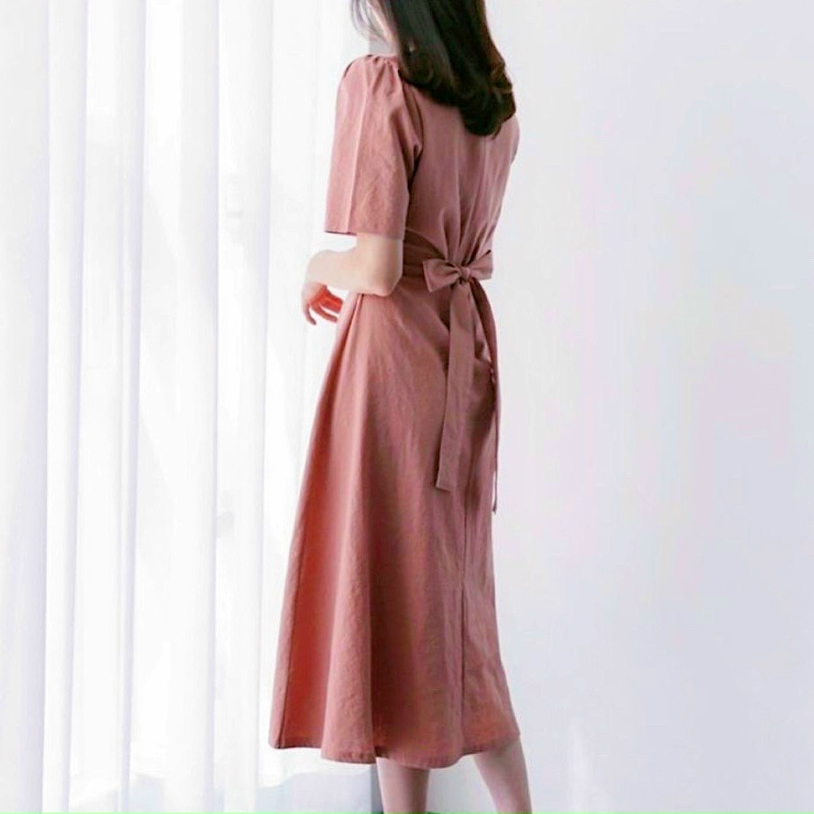 Đầm cổ tròn thắt nơ 2 màu