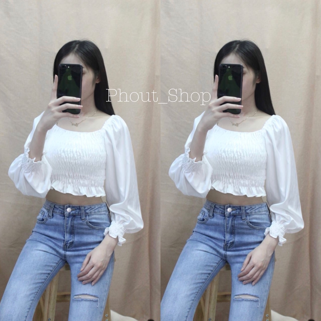 Áo voan croptop cổ vuông nhún thân tay dài bo tay dễ thương TTSLA0024