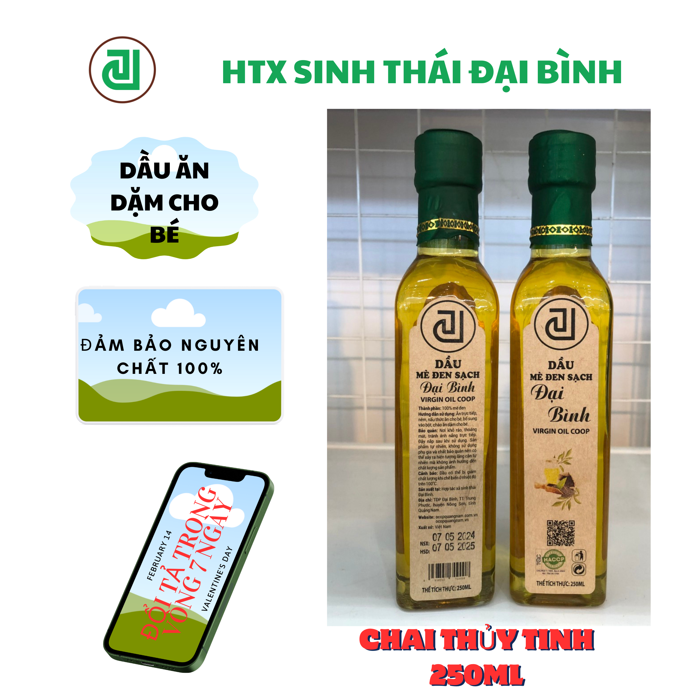 Dầu mè đen sạch Đại Bình Nguyên chất 100% - Chai (250ml); dầu ăn sạch