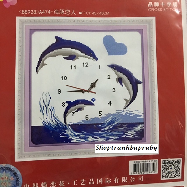 Tranh thêu đồng hồ cá a474 kích thước 45 x 45 cm