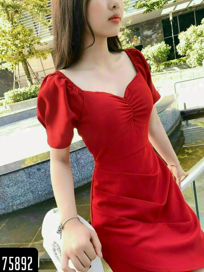 Đầm umi đỏ tay bồng xếp ly nhún ngực