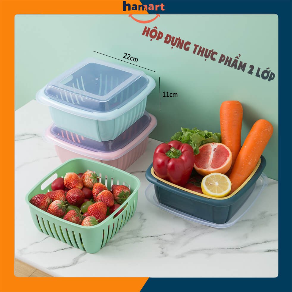 Hộp đựng thực phẩm rổ nhựa đựng rửa trái cây 2 lớp đa năng bỏ tủ lạnh màu hồng