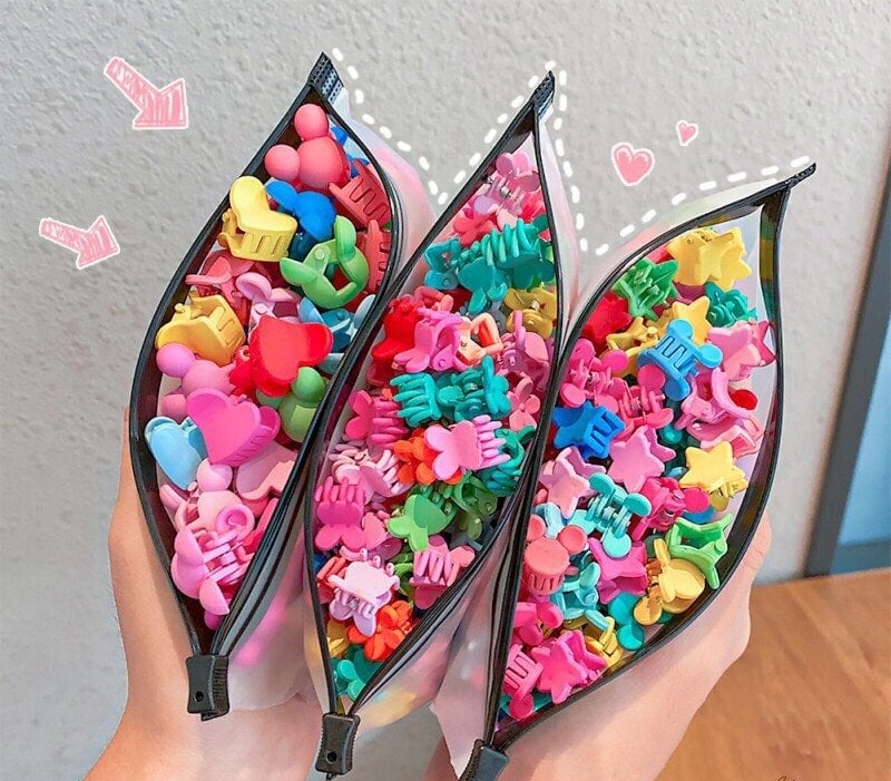 Set 50 Kẹp Tóc Càng Cua Mini Nhiều Mẫu Nhiều Màu Trong Túi Zip Cho Bé Gái