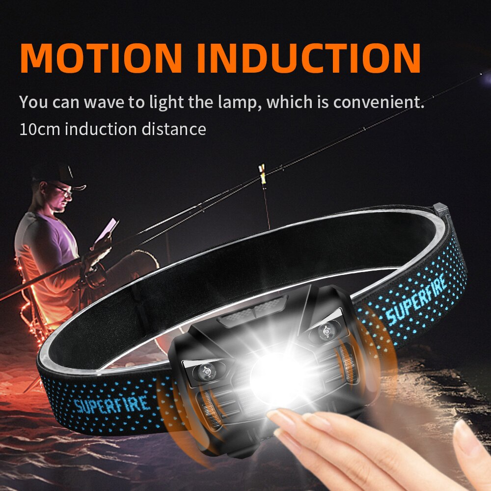 SUPERFIRE HL06-A LED Headlamp Motion Sensor Head Light Use AAA Battery Headlamp Waterproof for Camping Hiking, Red Light