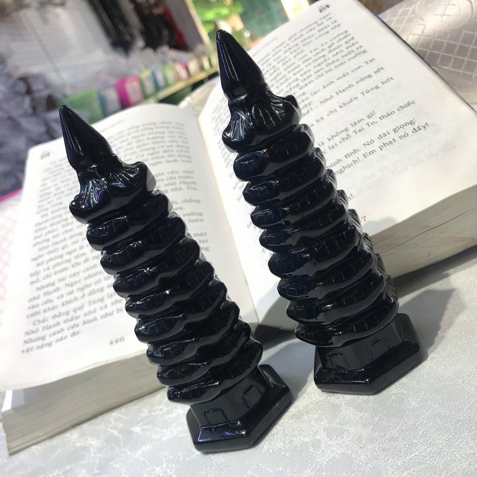 Tháp văn xương 9 tầng đá núi lửa obsidian đen 15cm