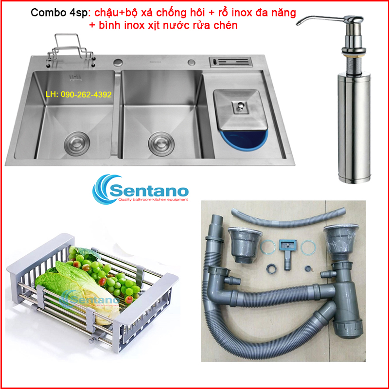 [SALE RẺ]Chậu rửa chén đúc SENTANO kích thước 100x48cm có kệ dao thớt, hộc rác cao cấp+ bộ xả chống hôi, bình xà bông  và khay đa năng