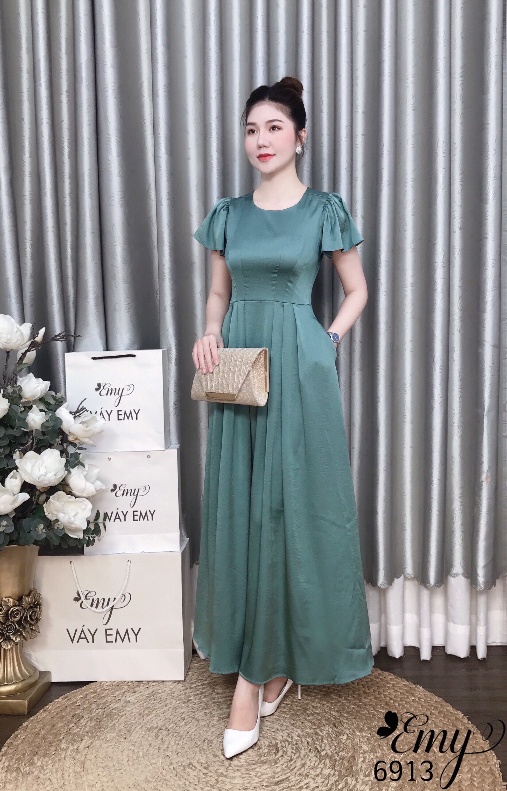 Đầm EMY EM6913 Dạ Hội Xanh Lụa 2 Da