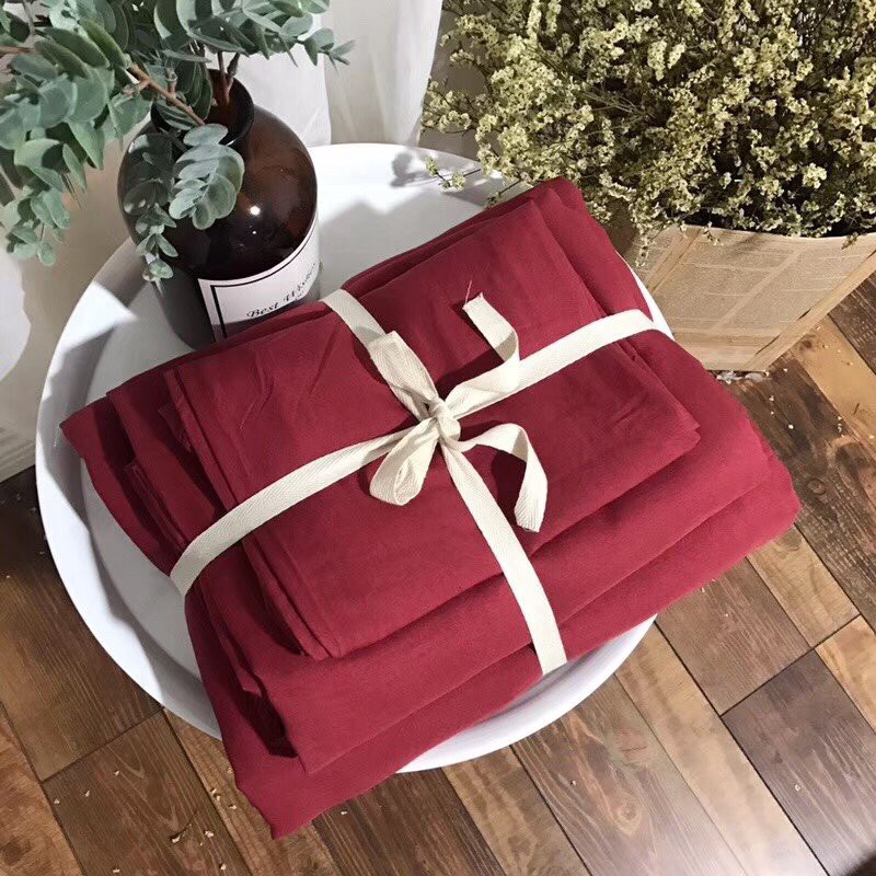 Bộ vỏ chăn ga gối Cotton đũi tici ( Màu đỏ đô )
