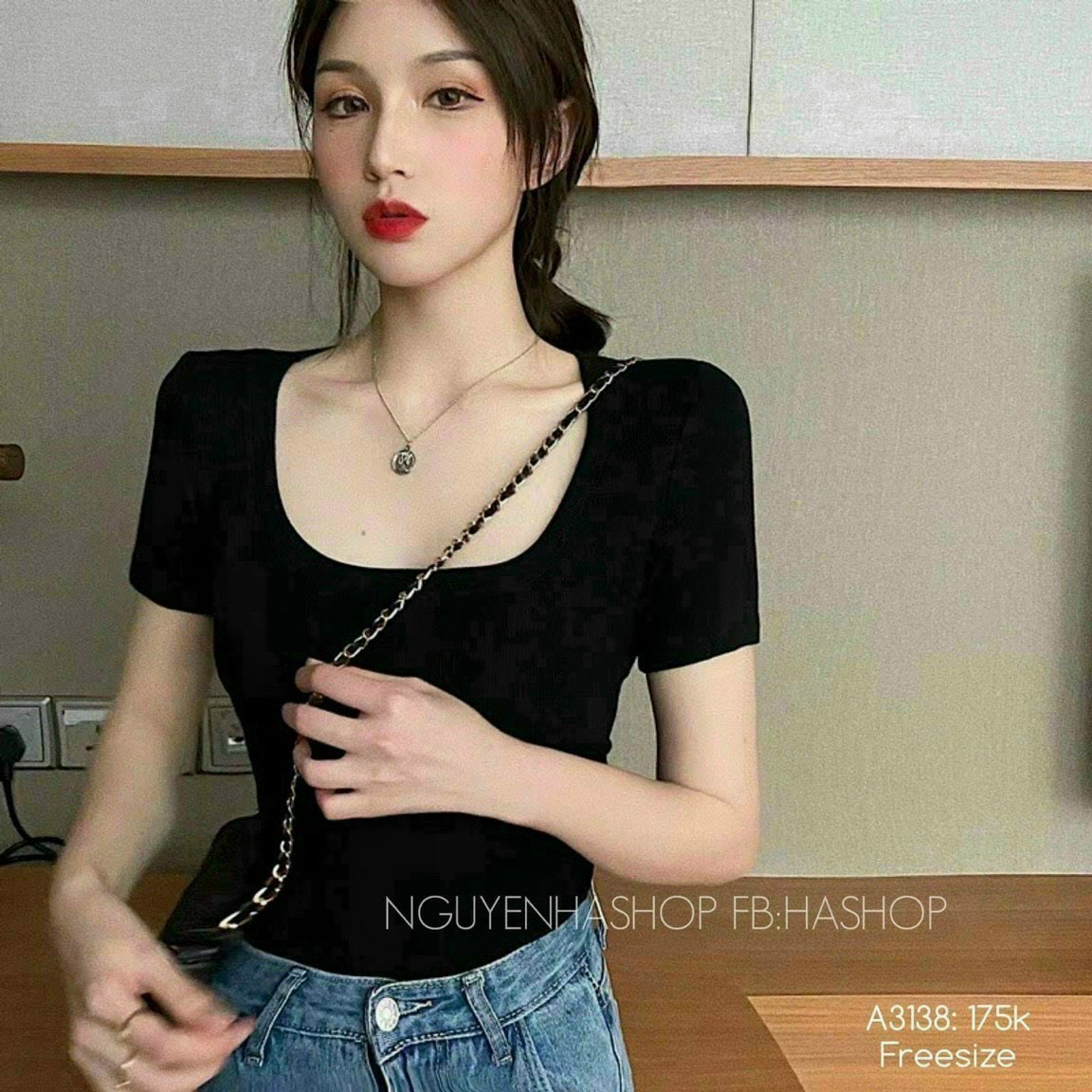 Áo thun gân cổ vuông croptop phong cách đơn giản siêu xinh ttvv0062