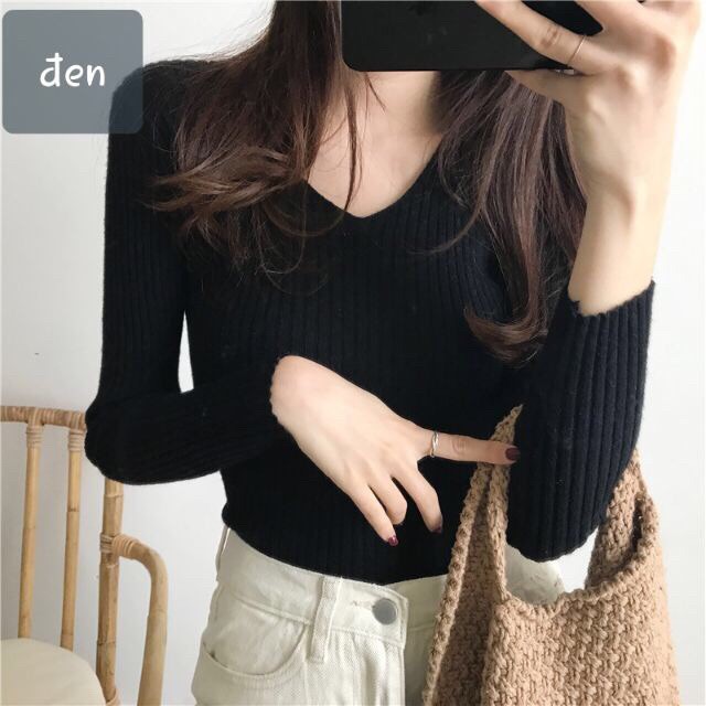 Áo len tăm tay dài ôm dáng siêu mềm hàng quảng châu ❤ áo len lông cừu cổ tim mềm mại