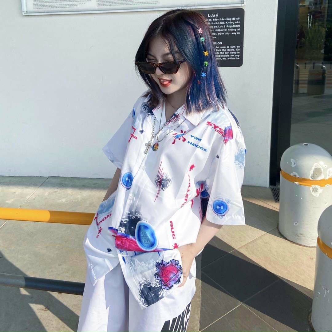 Áo sơ mi  nữ thời trang Hàn Quốc form rộng dáng suông họa tiết mới chất lụa mềm mặc bao mát