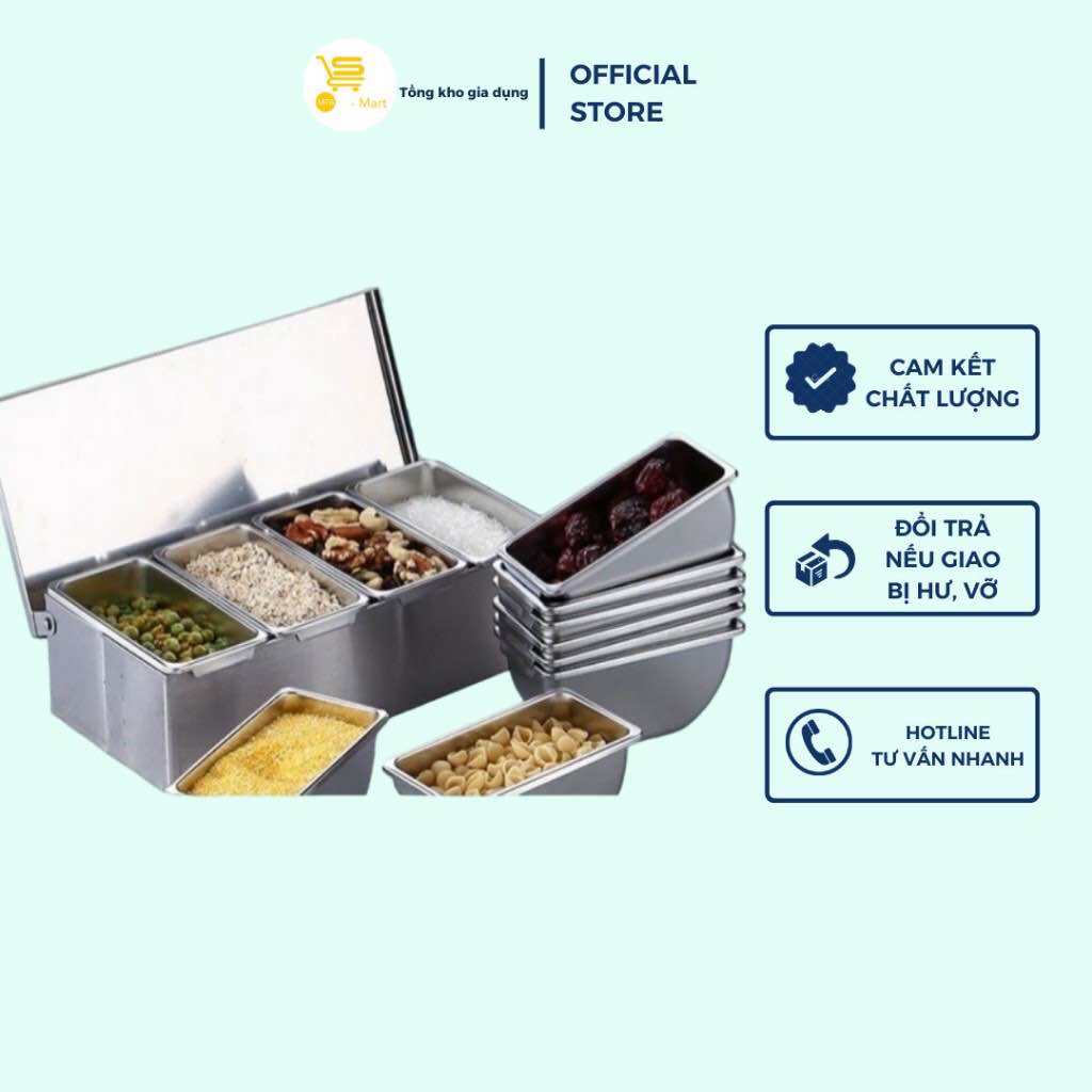 Khay Topping Inox 3-4-5-6 Ngăn, Khay Đựng Gia Vị, Đựng Thạch Trà Sữa ( Hộp Dài ) Inox Sáng Bóng, Tiết Kiệm Diện Tích | MTA-MART