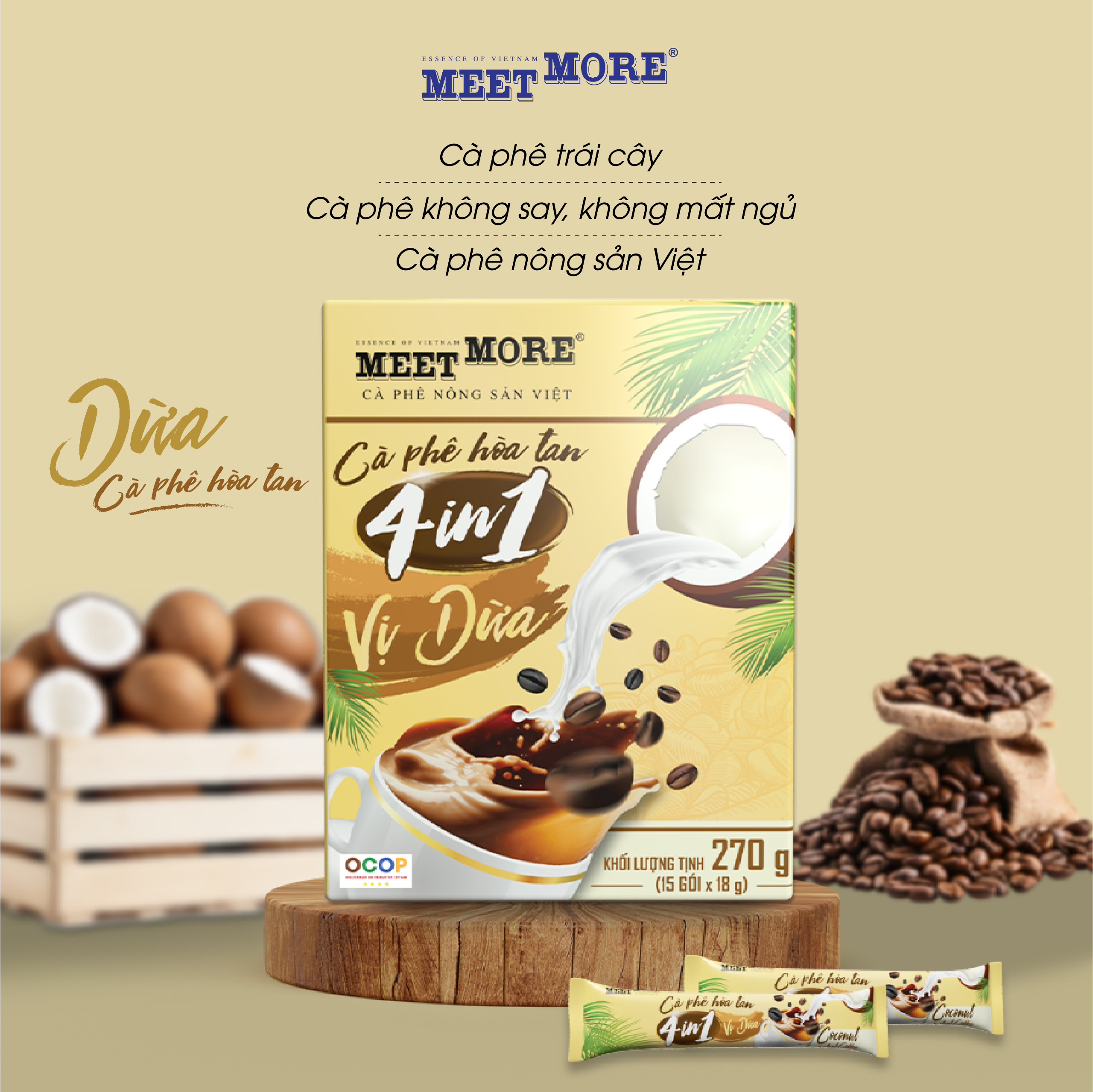 Meet More Coconut Instant Coffee Box (15 Packs/18Gram) - No Hangover, No Insomnia