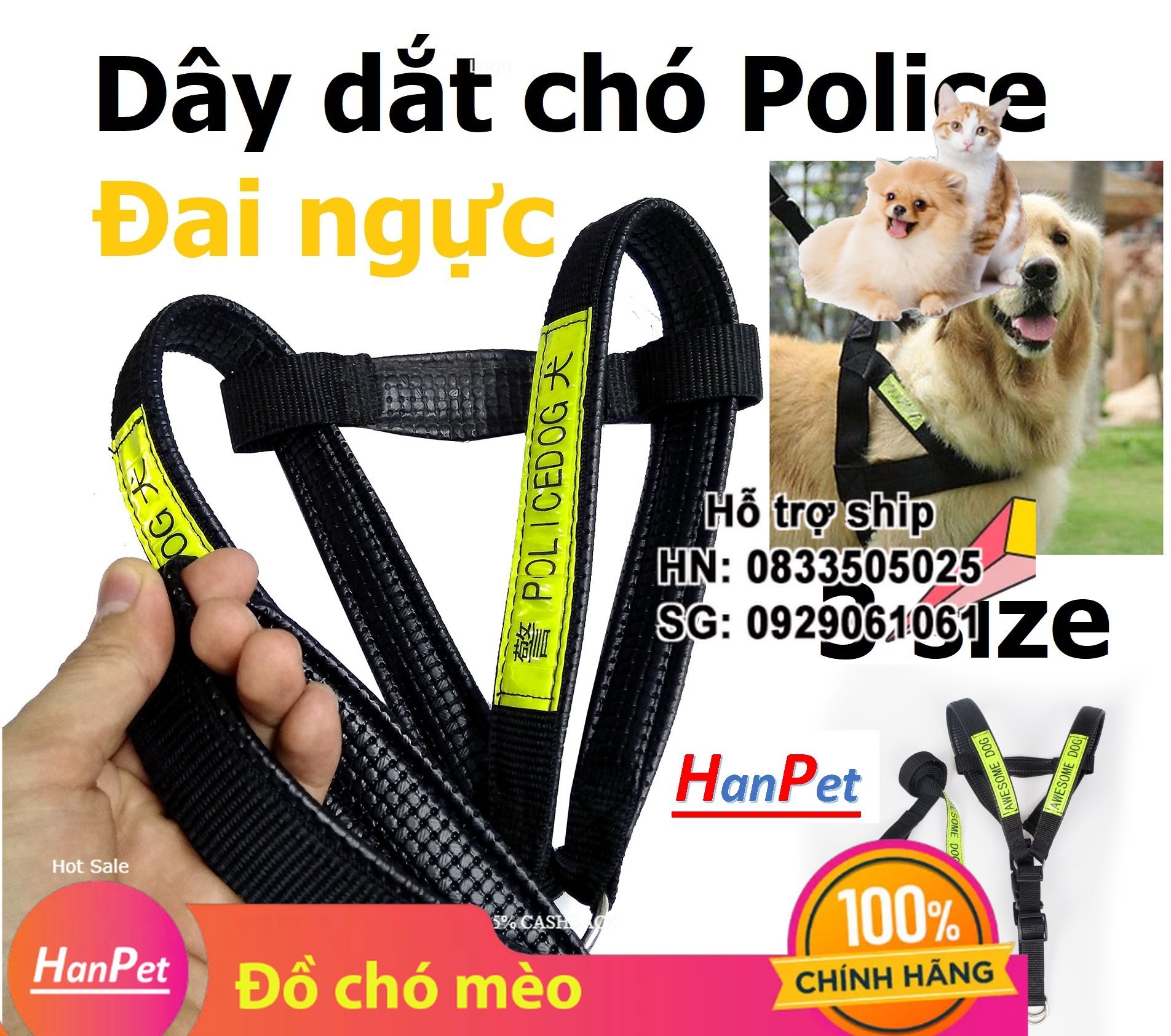 Hanpet - Dây dắt chó Police dog phản quang dây dắt kèm yếm đai yên ngựa cho chó c ảnh sát