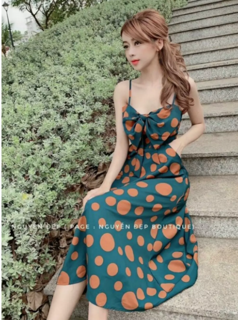 Đầm maxi hai dây nơ ngực họa tiết chấm bi