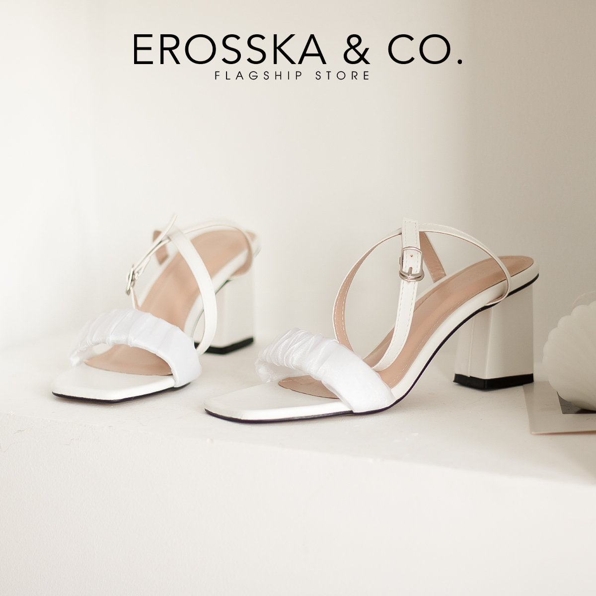 Erosska - Giày sandal cao gót nữ quai nhún phối dây quai mảnh cao 7cm màu trắng - EB050