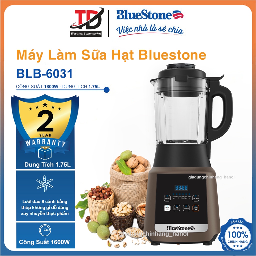 Máy làm sữa hạt đa năng bluestone blb-6031, cối thủy tinh borosilicate 1.75l - lưỡi dao 8 cánh 1600w, hàng chính hãng