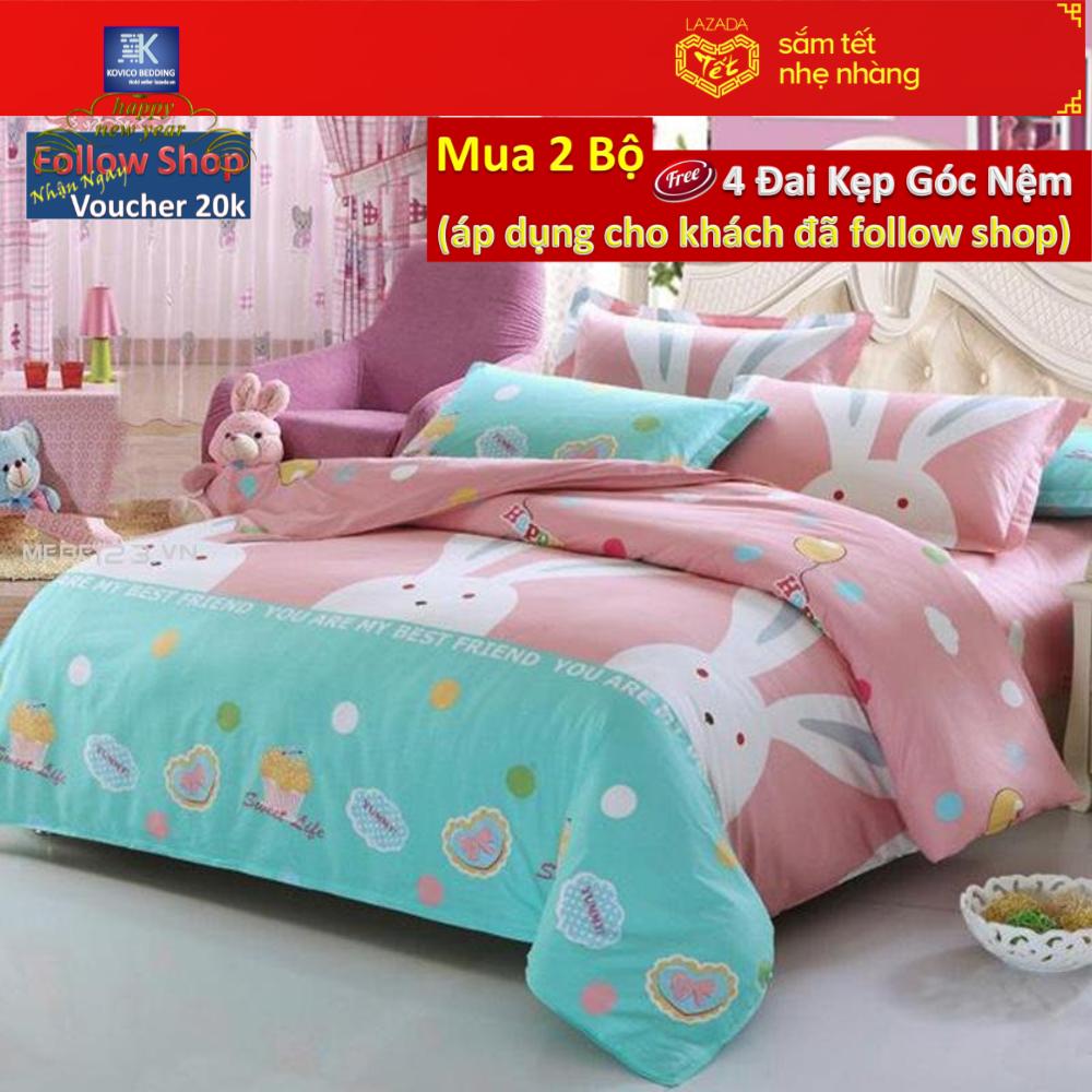 (FreeShip MAX) Bộ Chăn Ga Gối Cotton POLY Kovico Thỏ-cà rốt 160x200cm