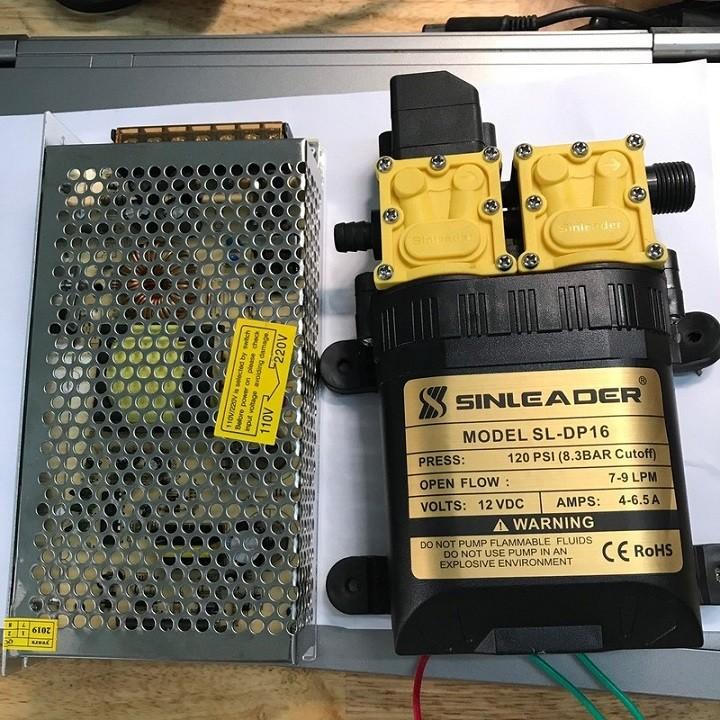 Bộ bơm đôi mini 12v sinleader kèm nguồn tổ ong 12V-10A, dùng để chế tưới loan, phun sương, rửa xe