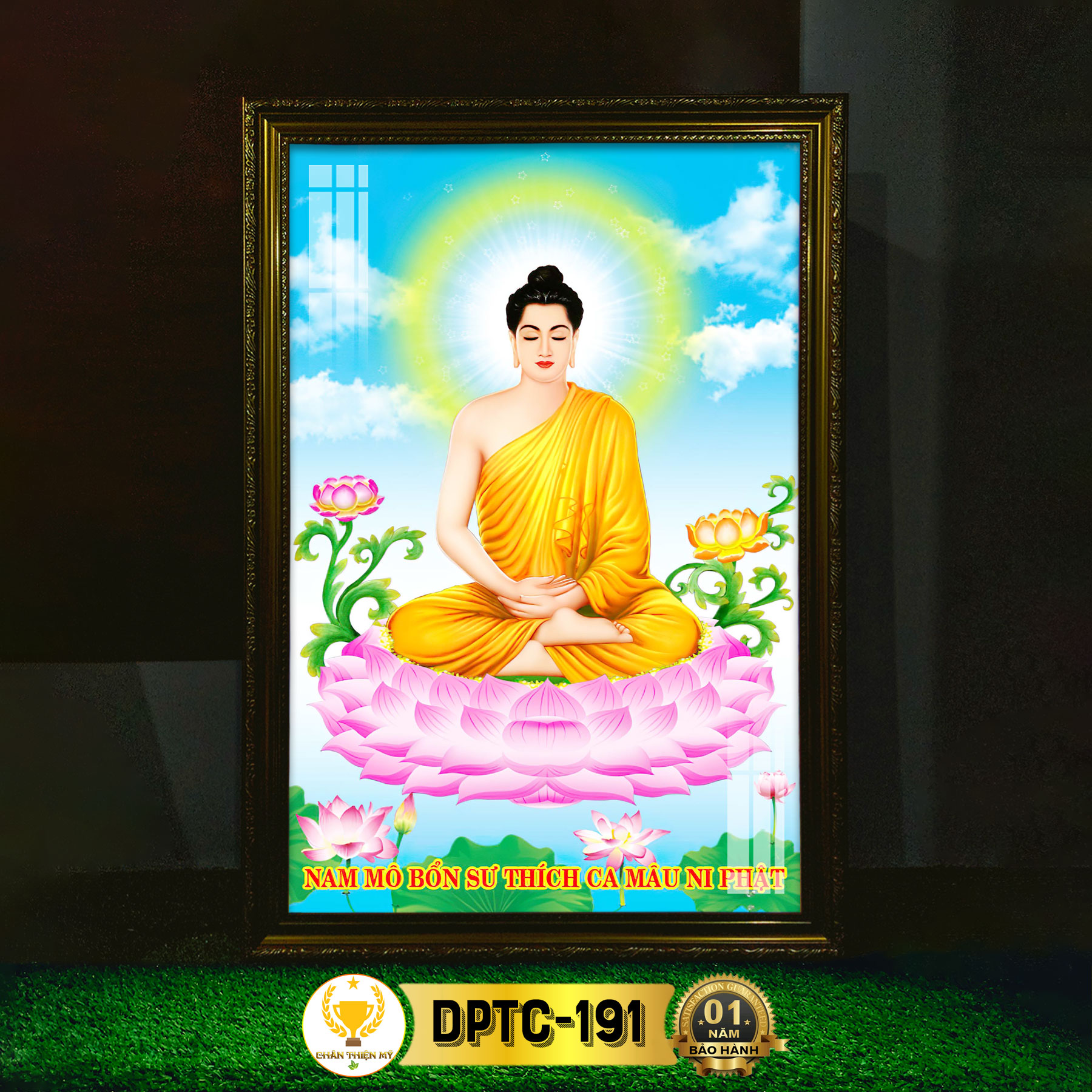 Tranh thờ phật thích ca có đèn chân thiện mỹ, trang trí bàn thờ treo tường cùng tượng phật dptc-191