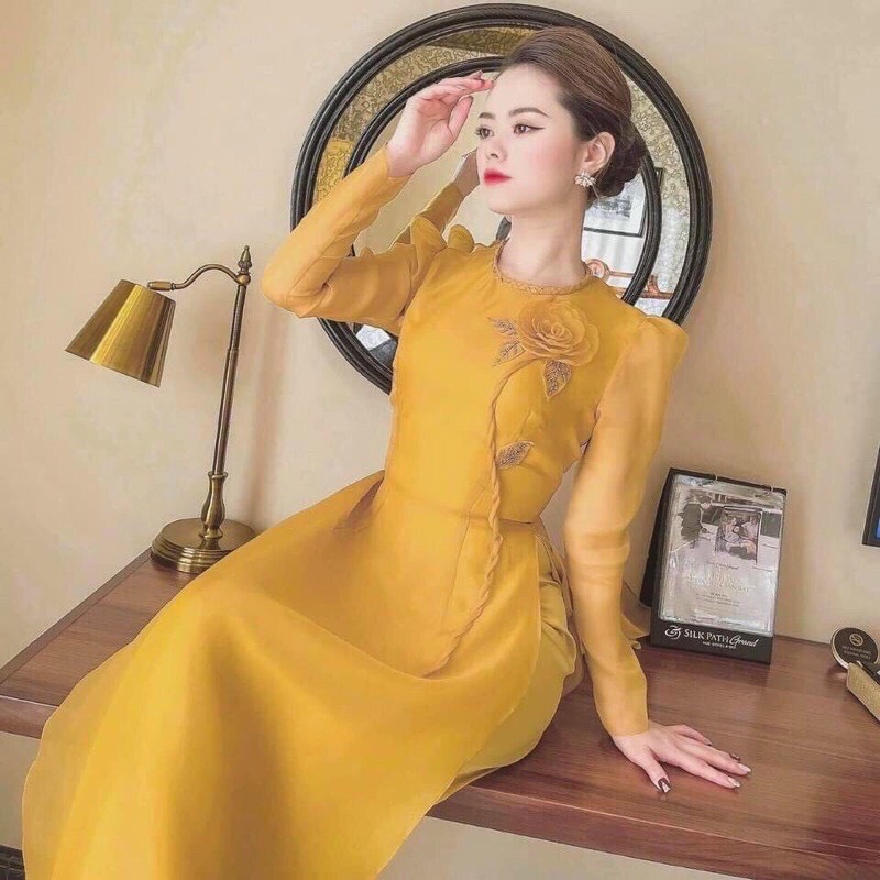 (Ảnh thật) Áo dài voan tơ 4 tà đính hoa cổ tết sang chảnh