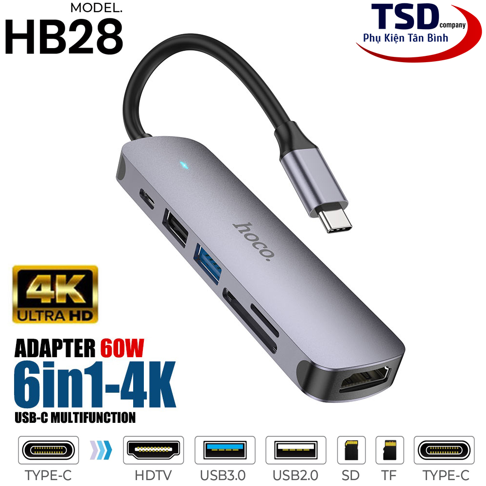 Hoco hub hb28 6 in 1 convert type c to usb 3.0, hdmi, usb c, high speed memory card