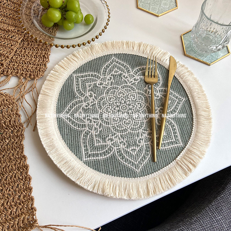 Tấm lót bàn ăn, miếng lót bình hoa, đế lót tròn hoạ tiết thổ cẩm phong cách Bắc Âu Boho Bohemian NA0057
