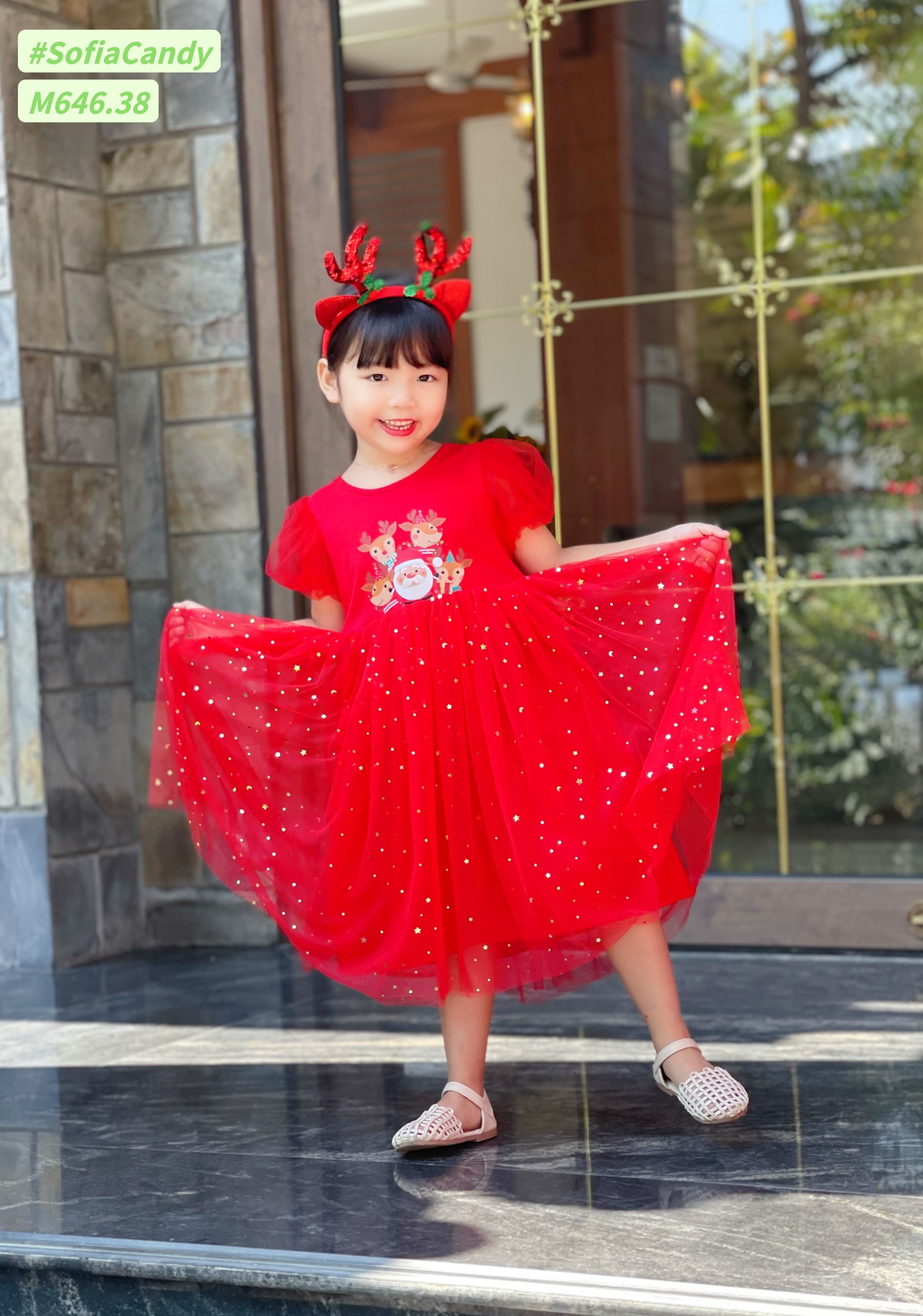 Đầm noel sao lấp lánh tuần lộc màu đỏ kèm cài kim sa đổi màu sofia bé gái
