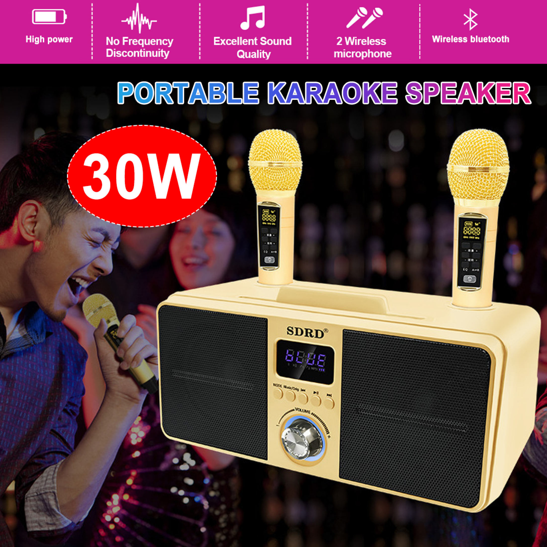 Loa karaoke SDRD SD-309 - 2 mic UHF điều chỉnh tần số, âm thanh hay, có màn hình