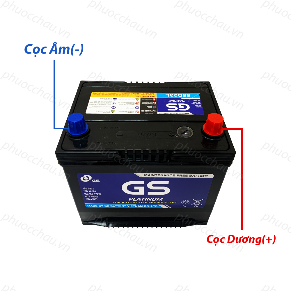 Bình ắc quy 12v-60ah, ắc quy ô tô gs mf 55d23l/r