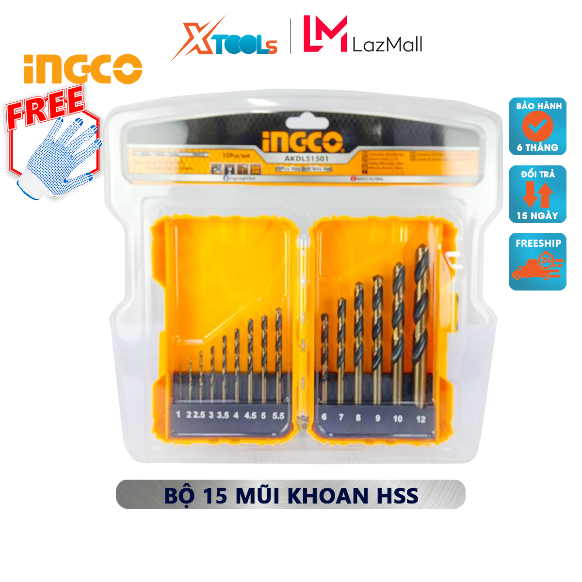 Bộ mũi khoan hss 15 chi tiết ingco akdl51501 | bộ 15 mũi khoan kim loại kích thước 1, 2, 2.5, 3, 3.5, 4, 5, 6, 7, 8, 9, 10, 12mm chuyên dùng khoan bê tông kim loại, gỗ ,sắt