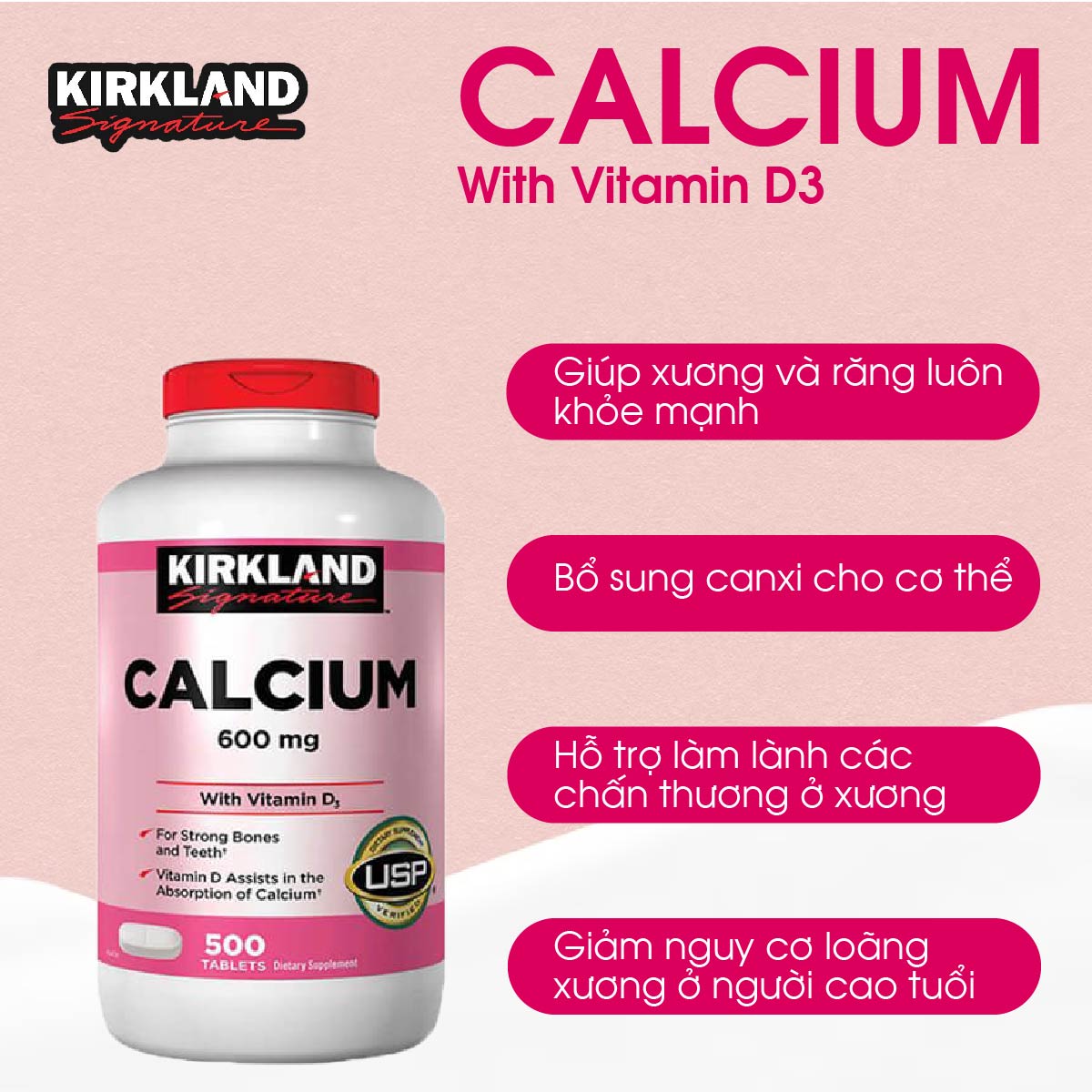 Viên Uống Hỗ Trợ Bổ Sung Calcium + D3 Của Kirkland 500 viên giúp chắc khỏe xương của Mỹ