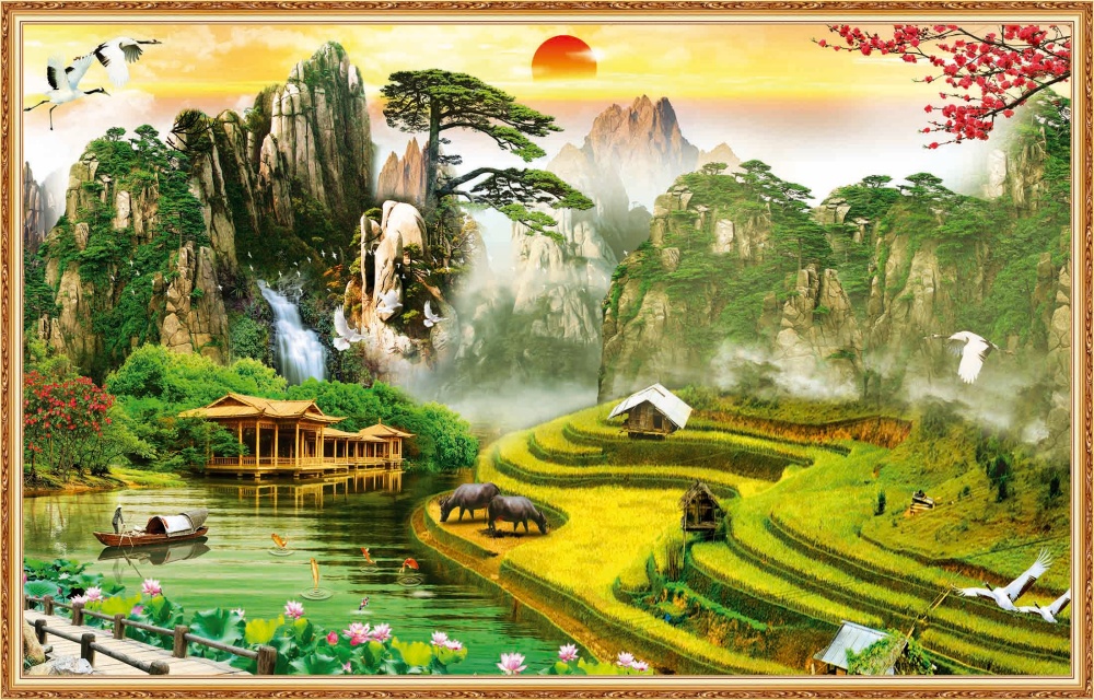 Tranh dán tường 3d phòng khách sơn thủy
