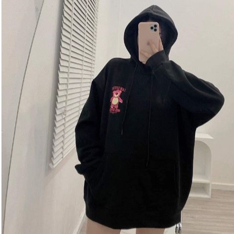 Áo hoodie đen nỉ cotton gấu chữ hồng LN12