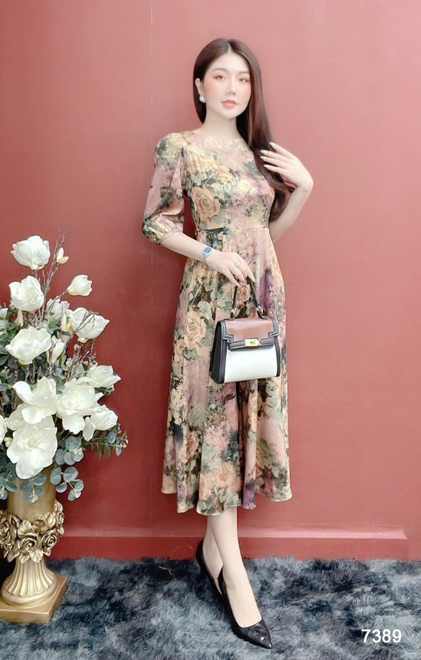 Đầm EMY EM7389 Xoè Lụa Vân Pháp LVP Tay Lỡ
