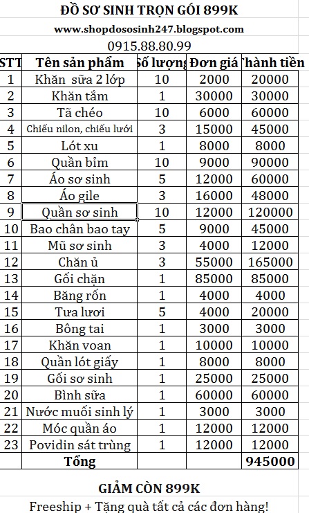 Đồ sơ sinh trọn gói 899
