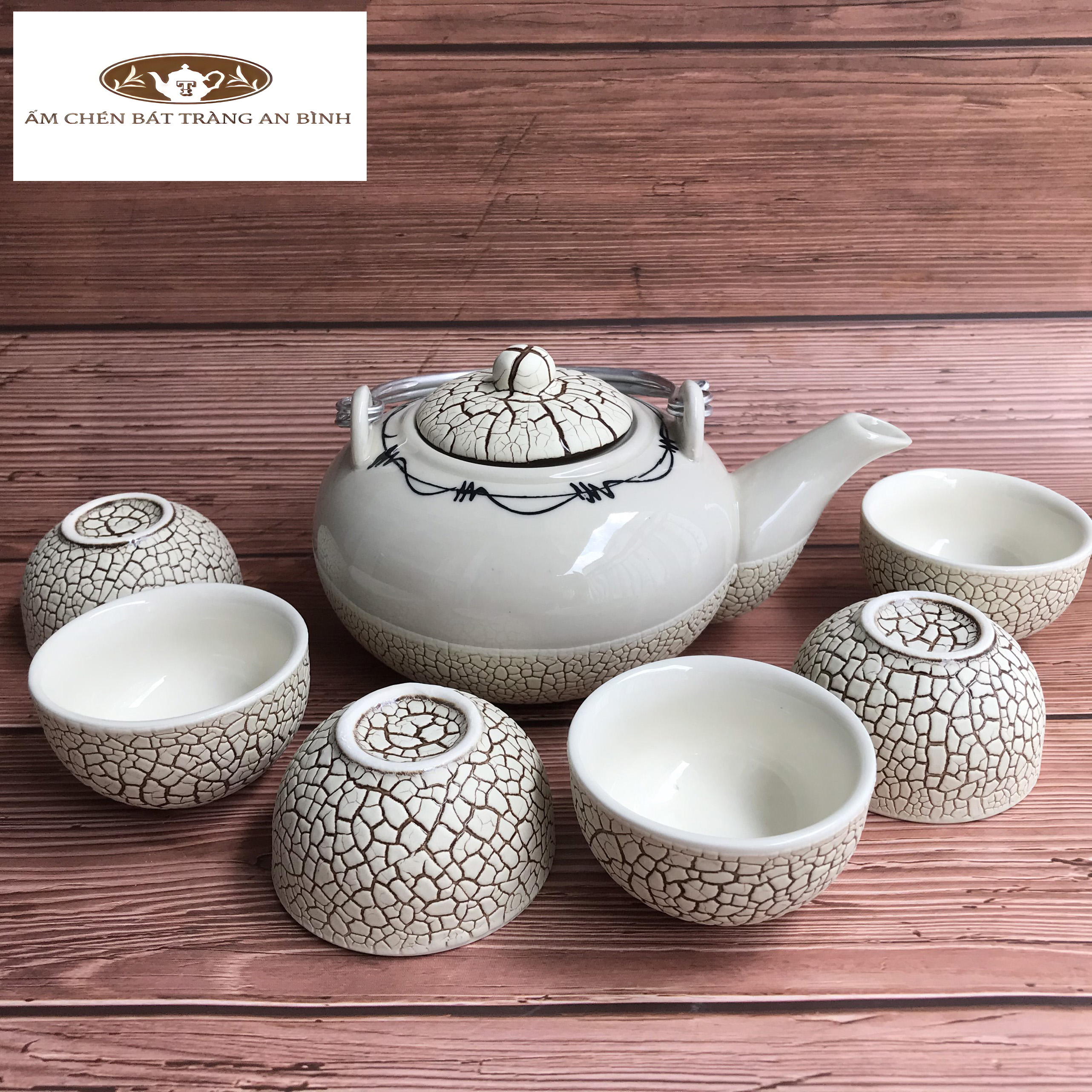 Bộ ấm chén gốm sứ Bát Tràng men Rạn Trắng Tròn